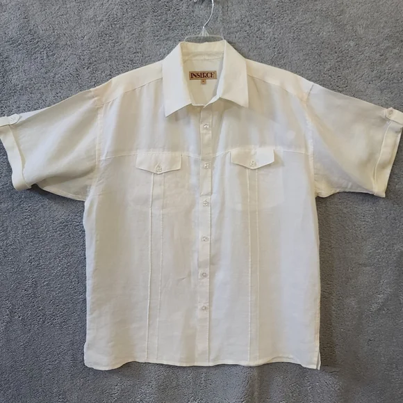 *$$$ DROP* LINEN White  Short Sleeve Shirt. Brand INSERCH - Picture 3 of 13